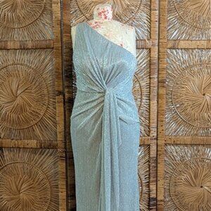 Adrianna Papell Stardust Pleated Draped Gown in Dusty Periwinkle - Size 12